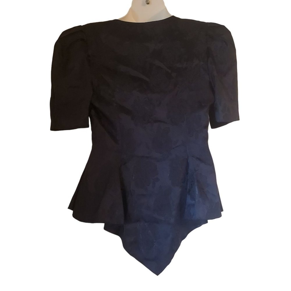 Black Floral Formal Medium Blouse Top Fitted Wrap Short Sleeves Asymmetrical - Picture 2 of 4